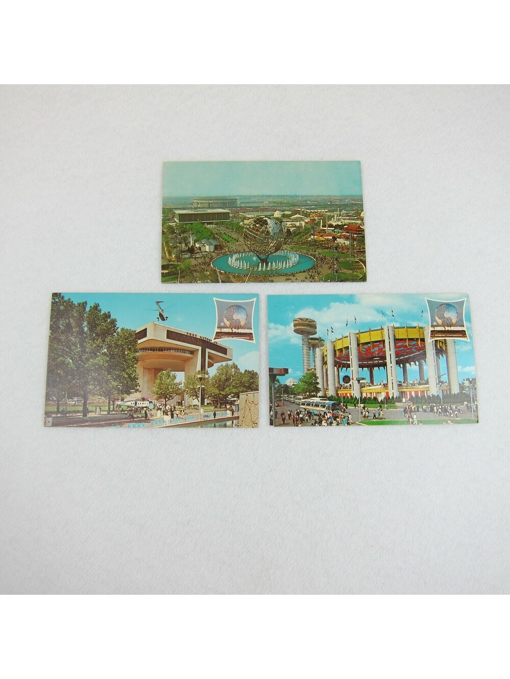 1964 New York Worlds Fair 3 Postcards Unisphere NY State Port Authority Heliport